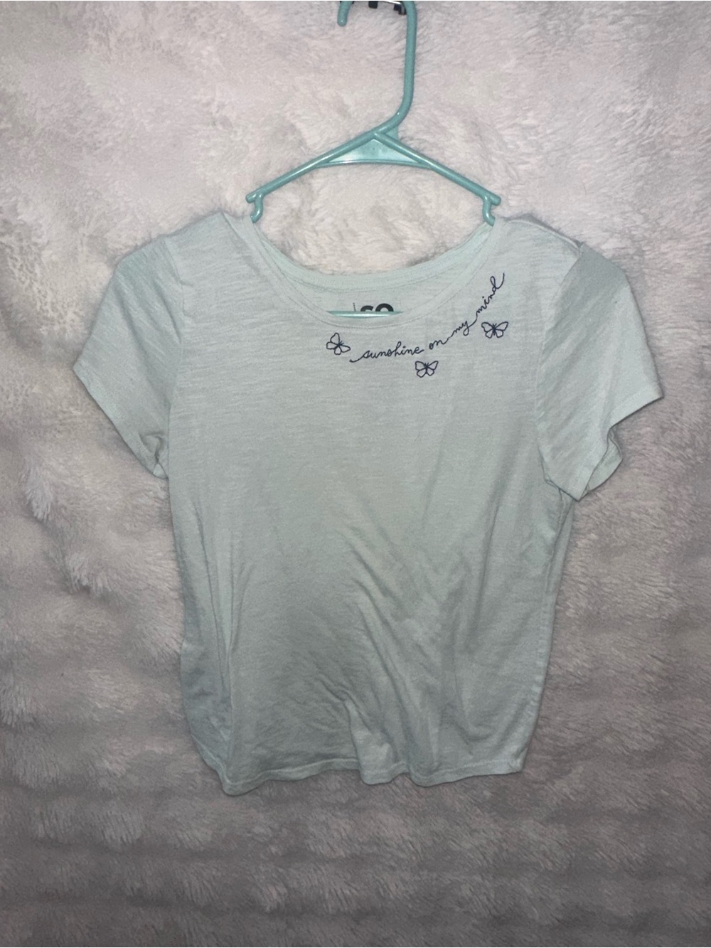 SO Light Blue Short Sleeve Tee with Script and Butterfly Detail